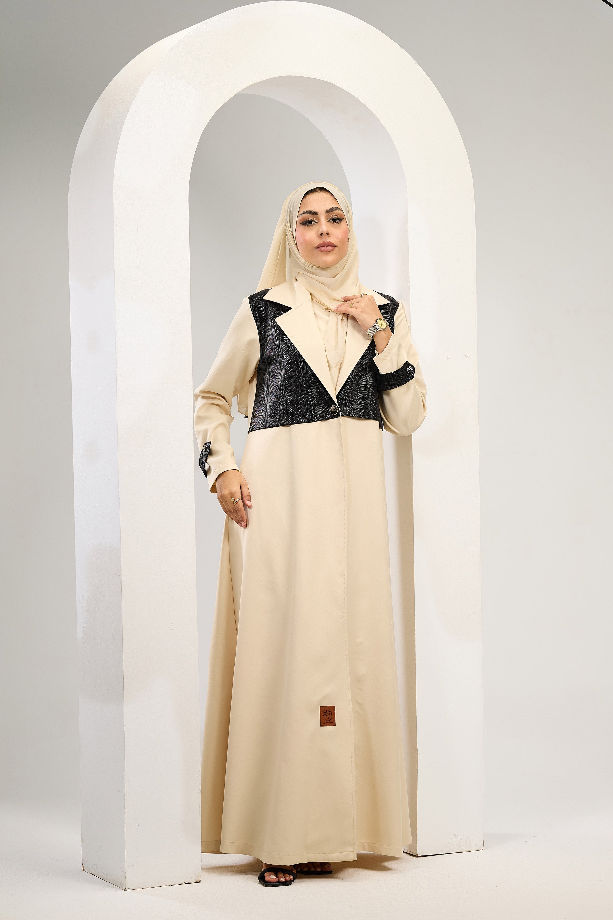 Modern Contrast Abaya in Beige