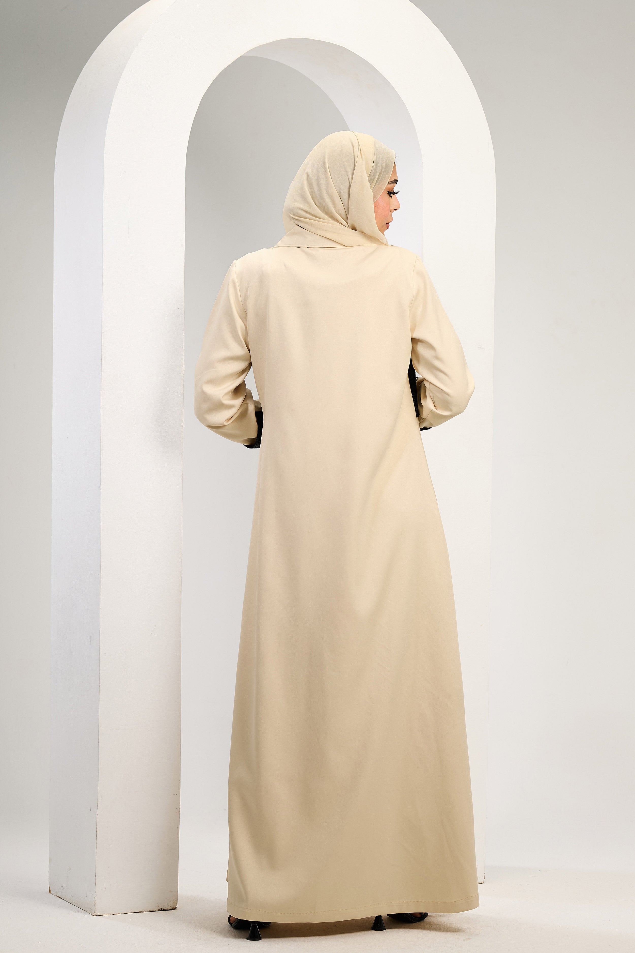 Modern Contrast Abaya in Beige