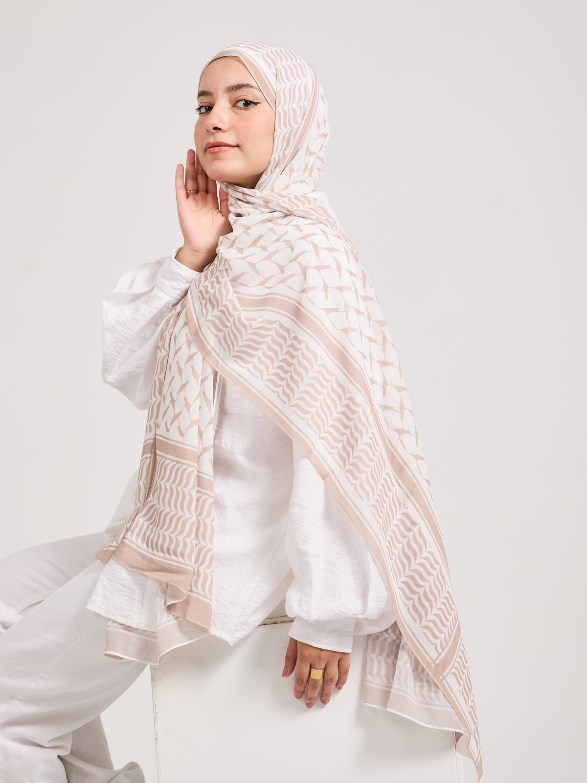 Sophisticated Beige and White Chiffon Hijab