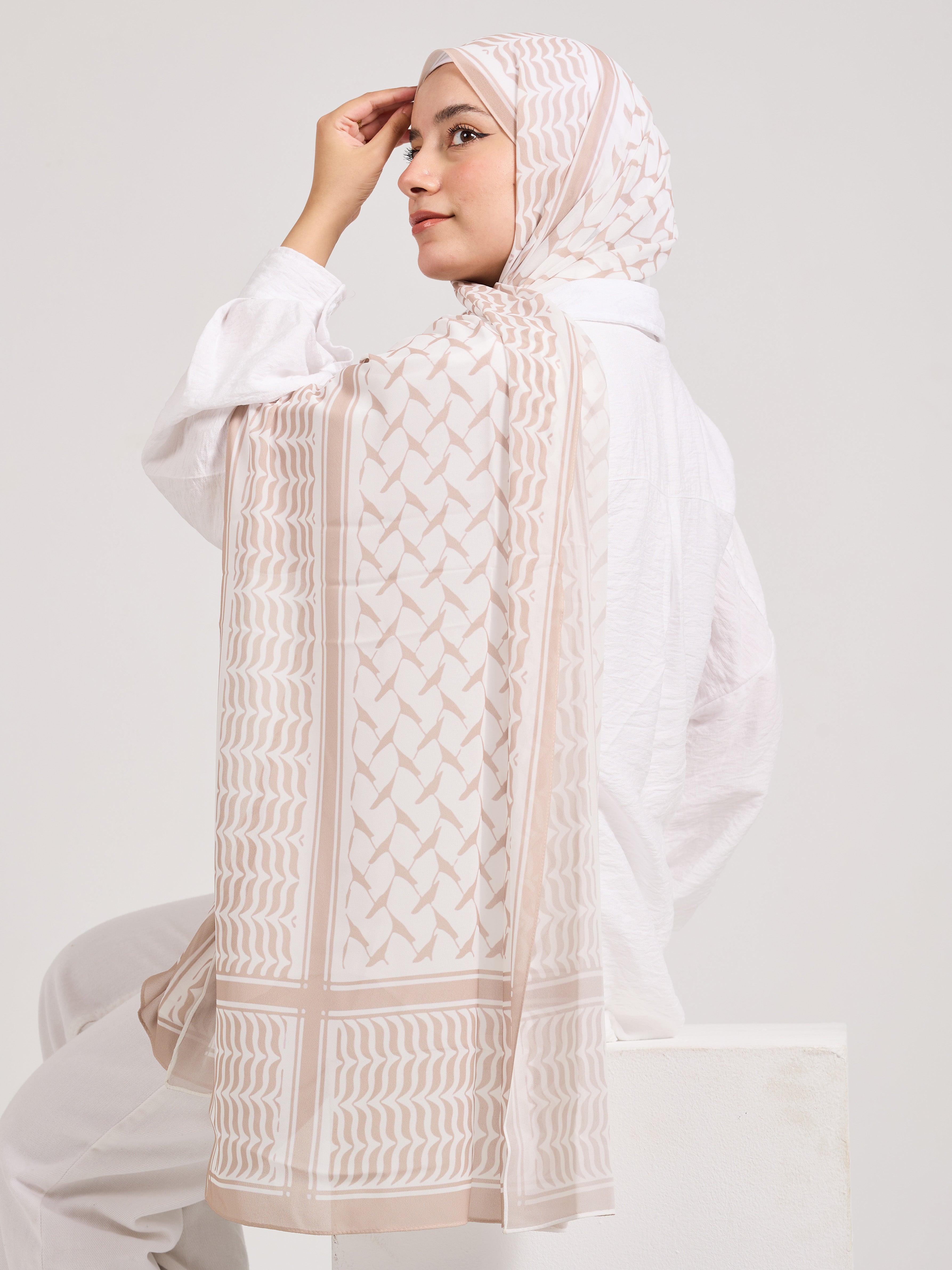 Sophisticated Beige and White Chiffon Hijab