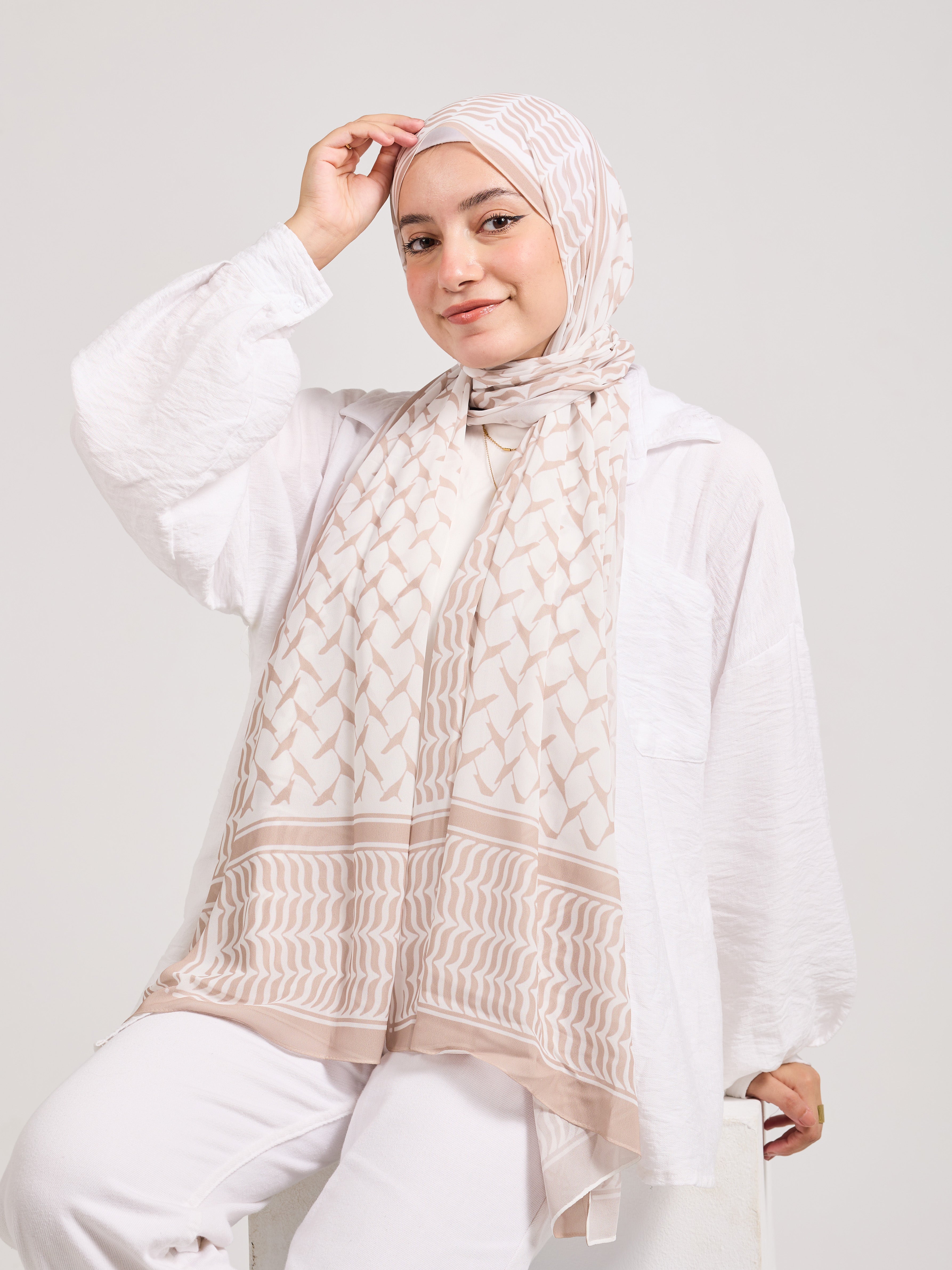 Sophisticated Beige and White Chiffon Hijab