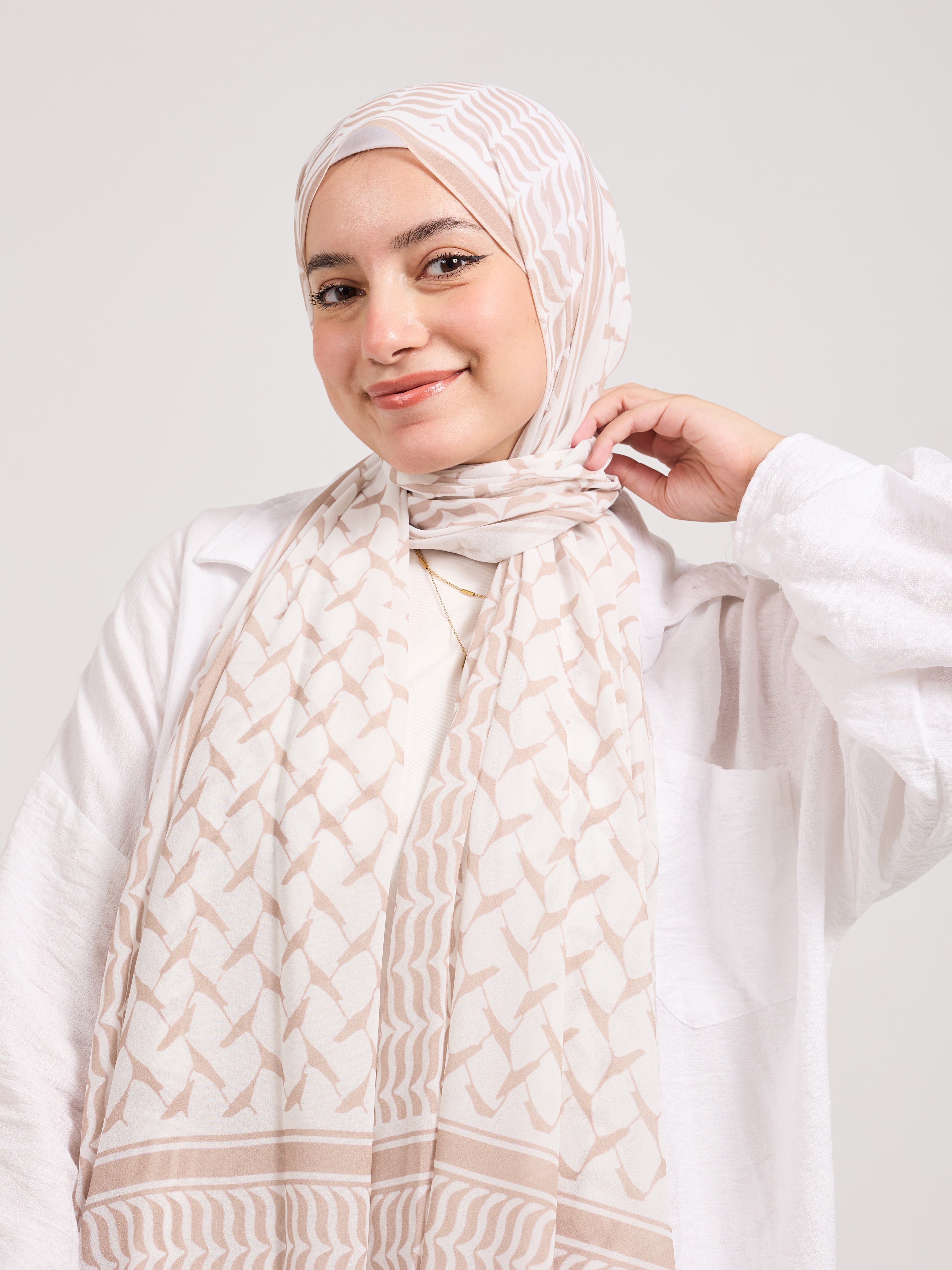 Sophisticated Beige and White Chiffon Hijab