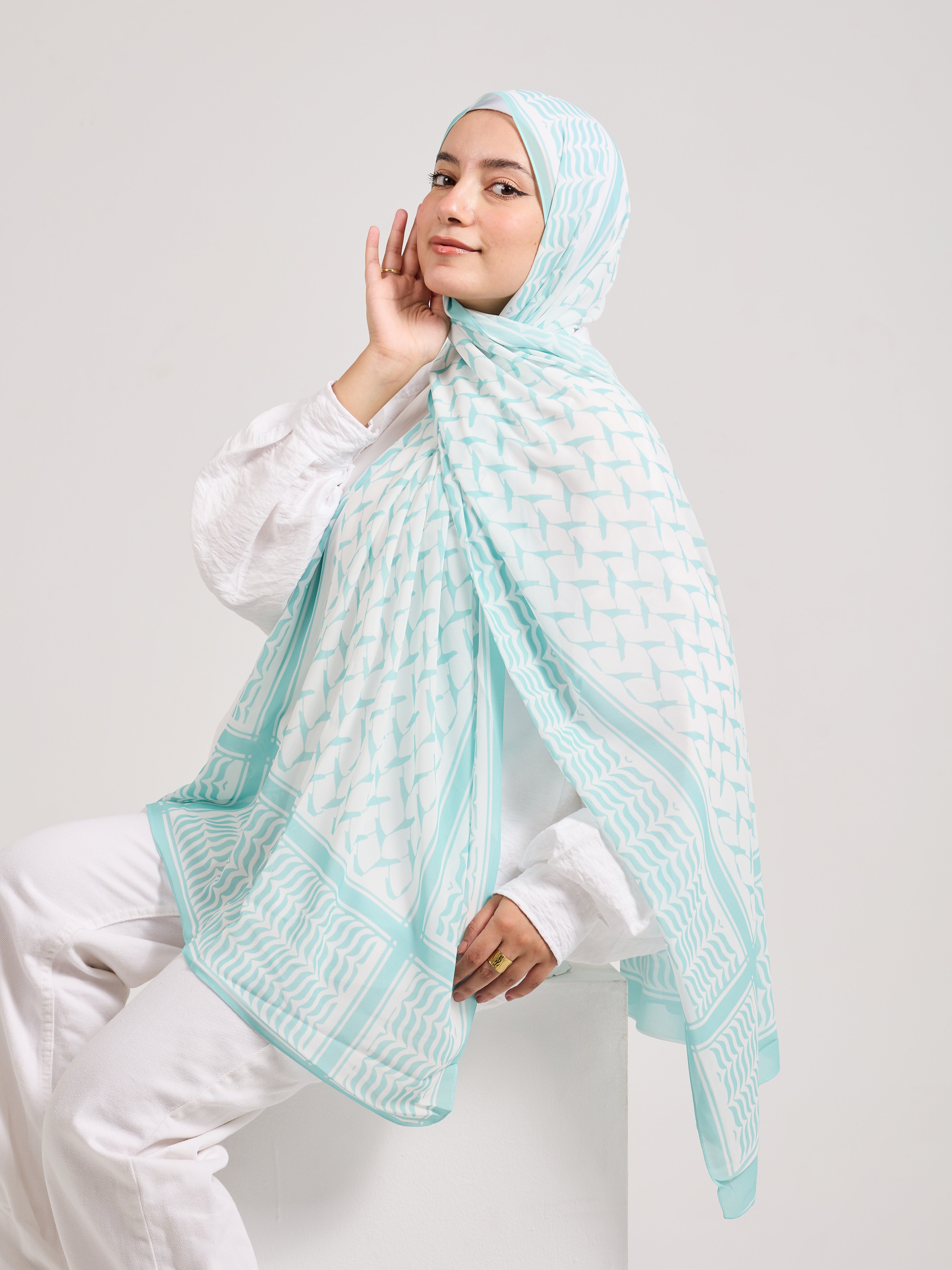 Mint Breeze - Light Blue Chiffon Hijab with Geometric Pattern