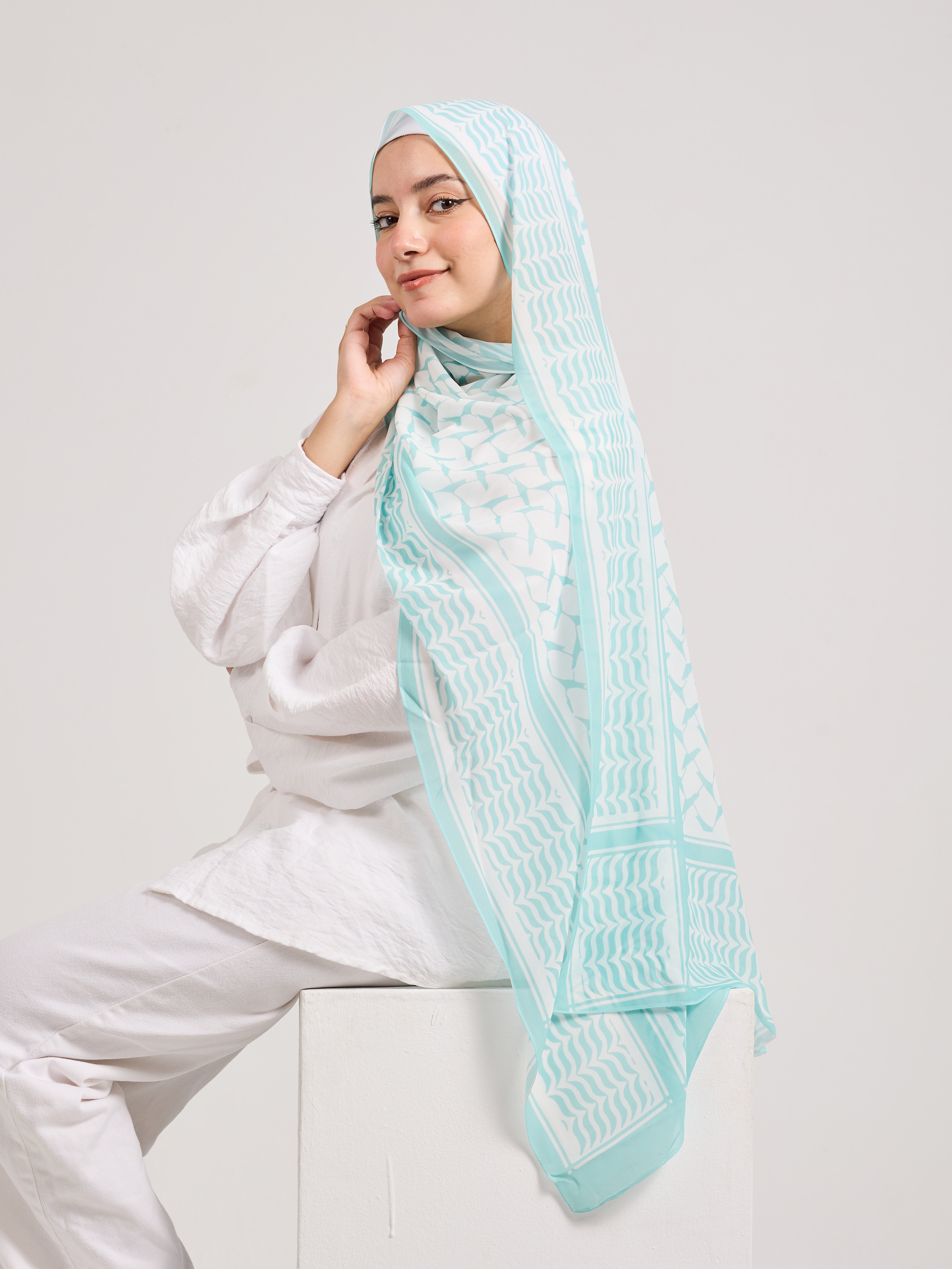 Mint Breeze - Light Blue Chiffon Hijab with Geometric Pattern