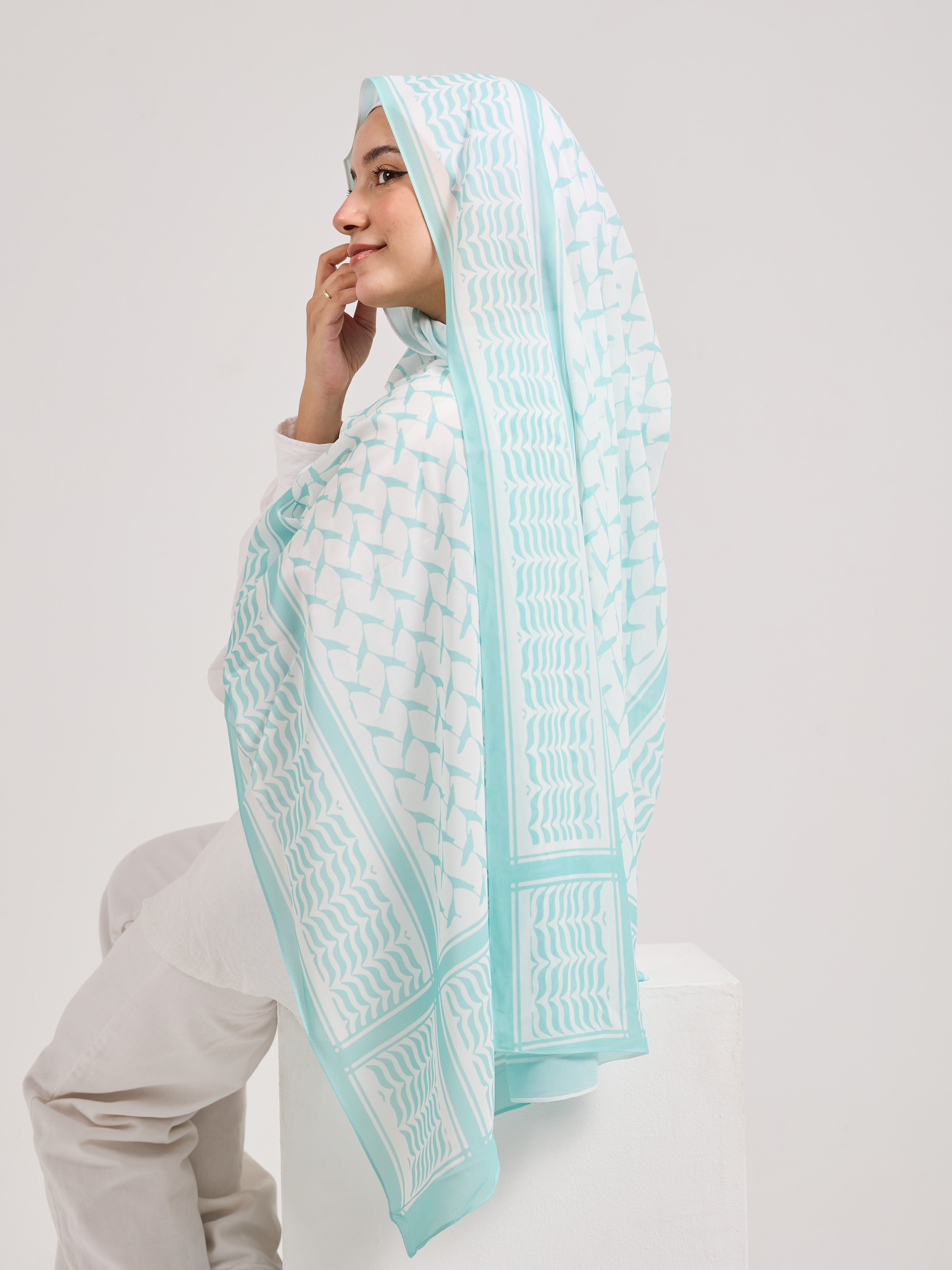 Mint Breeze - Light Blue Chiffon Hijab with Geometric Pattern