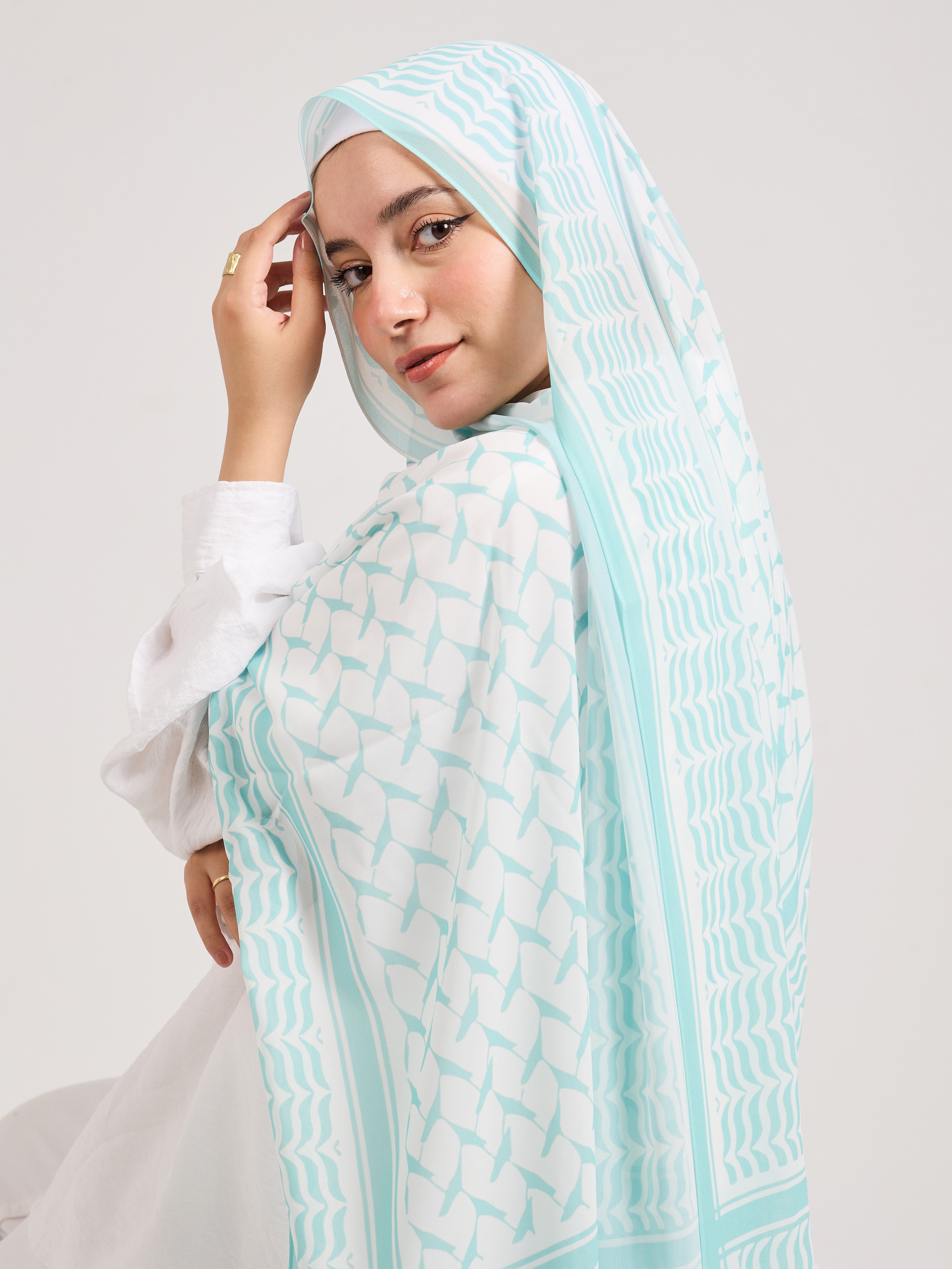 Mint Breeze - Light Blue Chiffon Hijab with Geometric Pattern