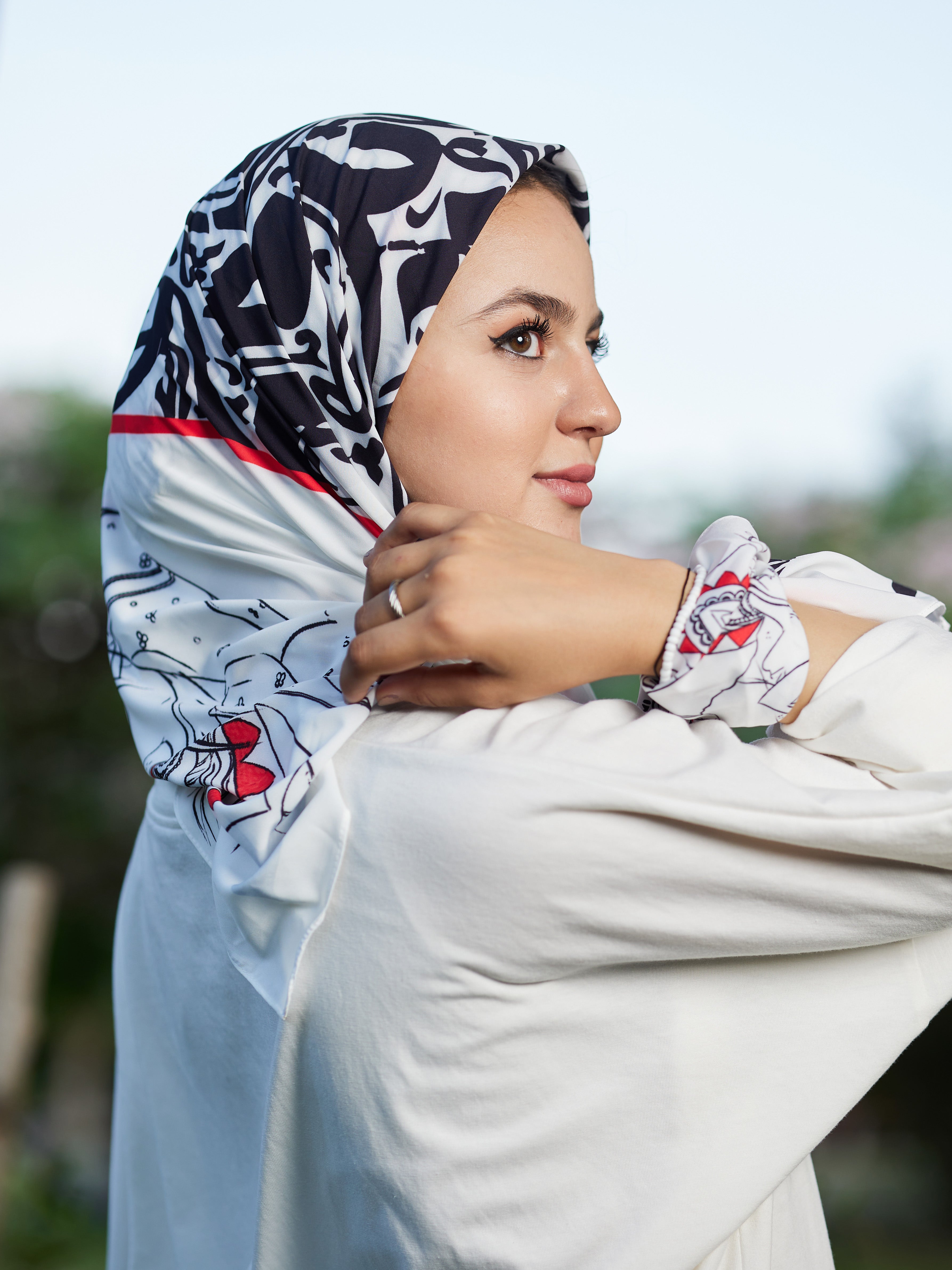 Calligraphy Art - Black and White Abstract Scarf with Red Accents