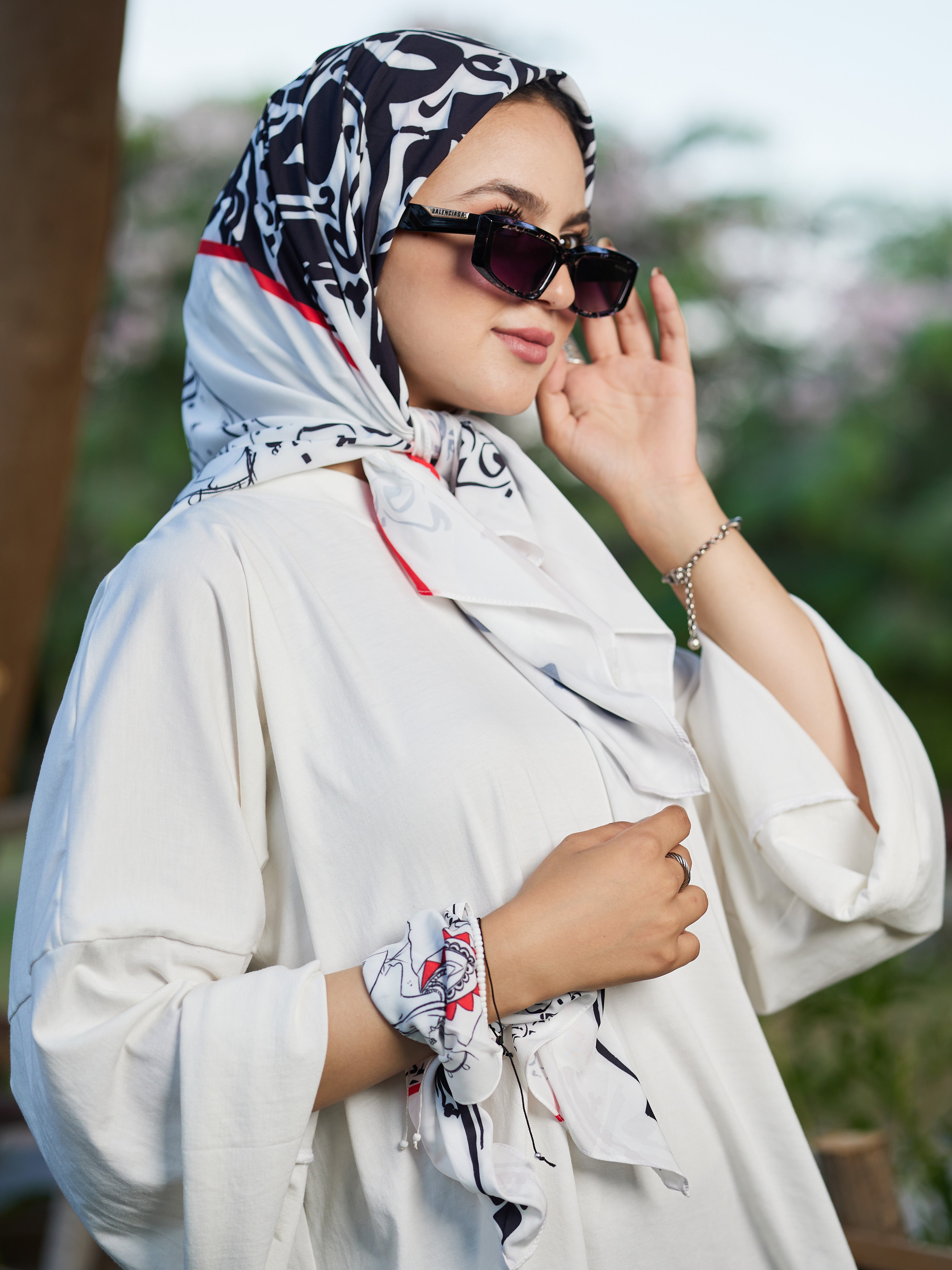 Calligraphy Art - Black and White Abstract Scarf with Red Accents